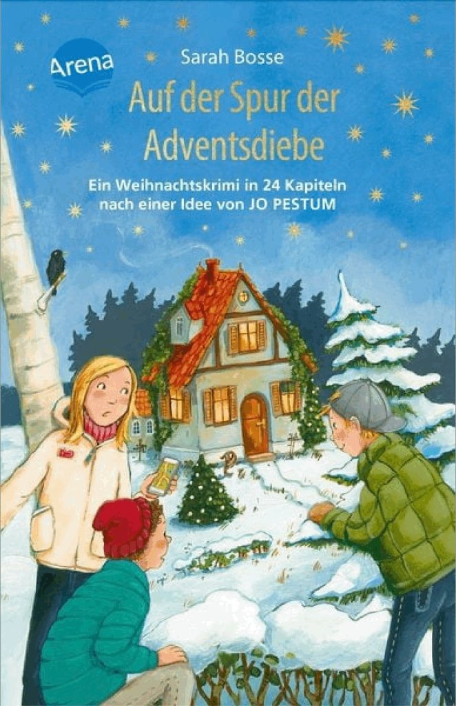 Buchcover des Kinderkrimis „Auf der Spur der Adventsdiebe“ von Sarah Bosse, zeigt Buddy und Noah bei einer geheimnisvollen Spurensuche im Advent mit rätselhafter, winterlicher Stimmung.