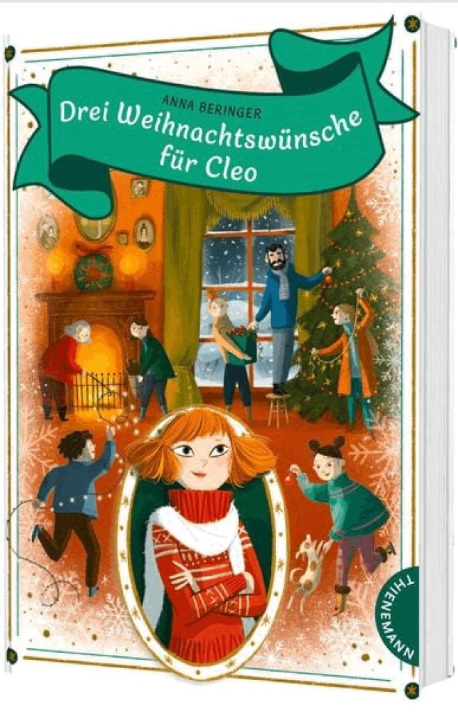 Buchcover des Kinderromans „Drei Weihnachtswünsche für Cleo“ von Anna Beringer, zeigt eine verschneite Weihnachtsszene mit Pension, Lichtern und warmherziger, märchenhafter Atmosphäre.
